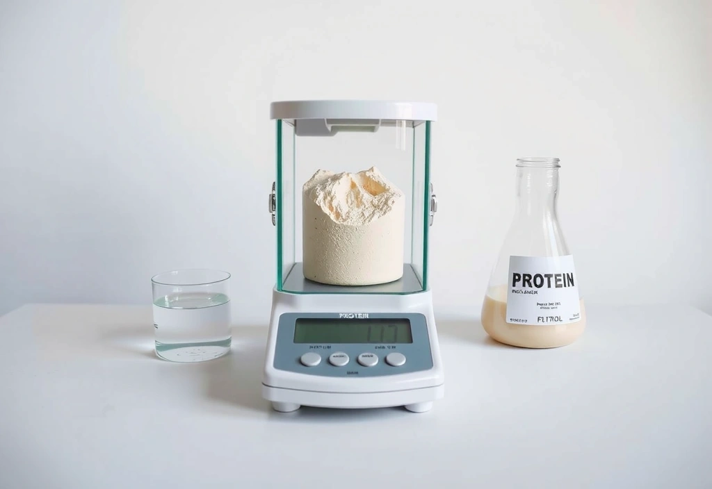 Peso di precisione di polvere proteica pura in un ambiente da laboratorio.